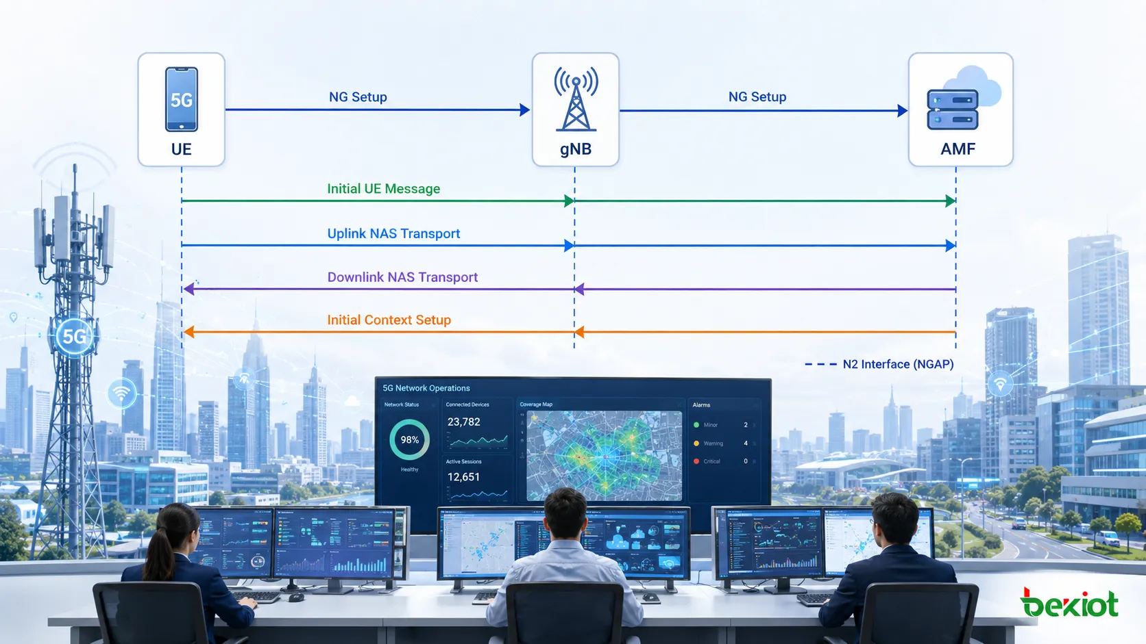 Типичная последовательность сигнализации N2 5G от NG Setup через Initial UE Message и NAS Transport до Initial Context Setup