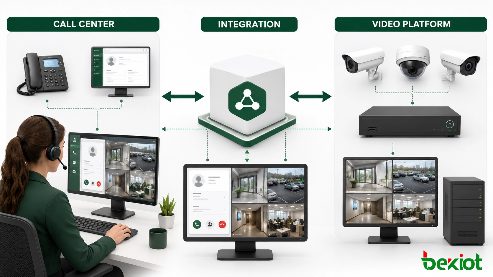 Архитектура, связывающая события звонящего, системы CTI и CRM, службу интеграции видео, платформу видеонаблюдения и рабочий стол агента