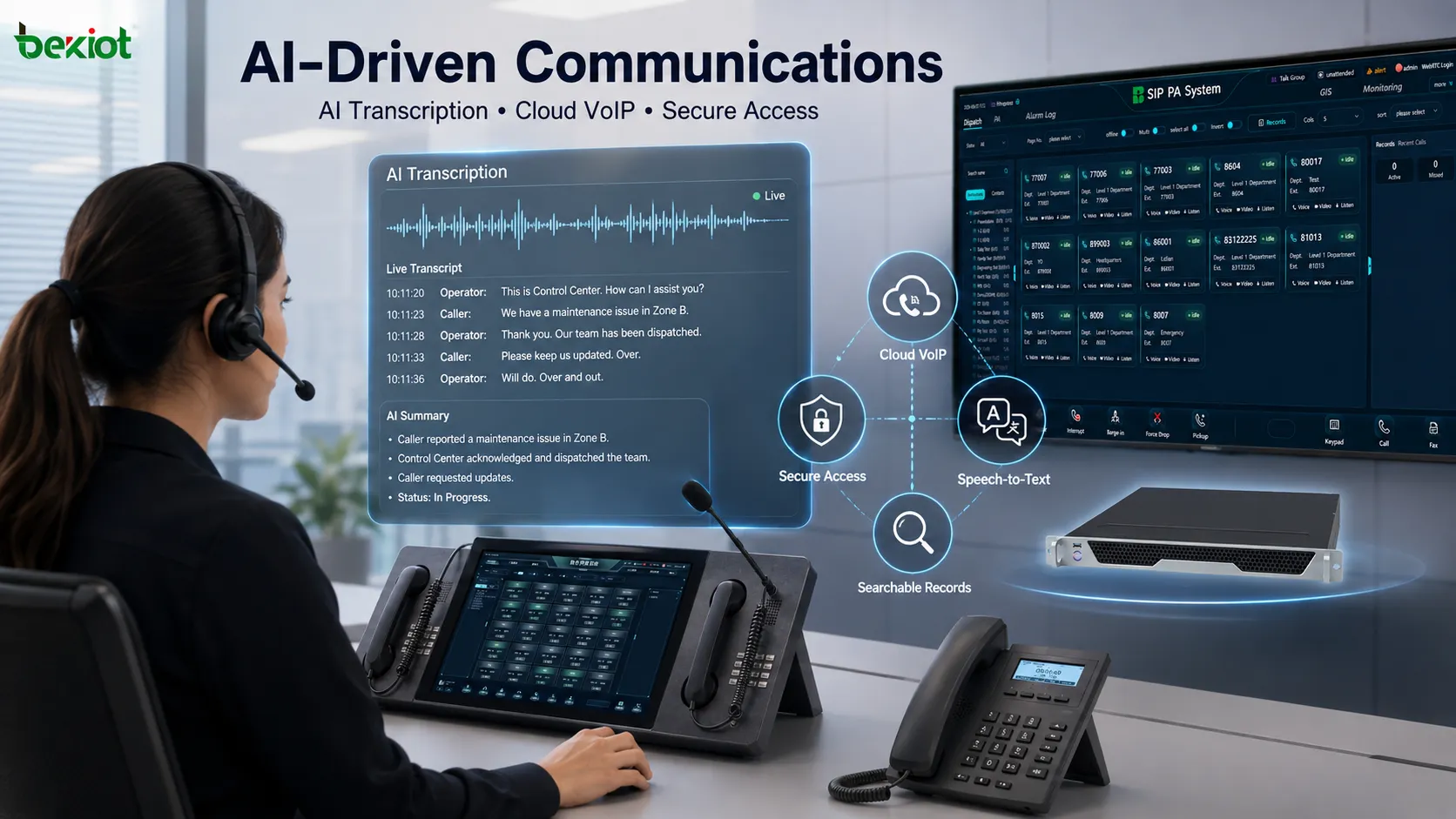 Защищённая облачная VoIP-платформа, соединяющая удалённых пользователей, многоканальные операторские места и корпоративные системы связи через SIP, VPN-доступ и ИИ-транскрибацию