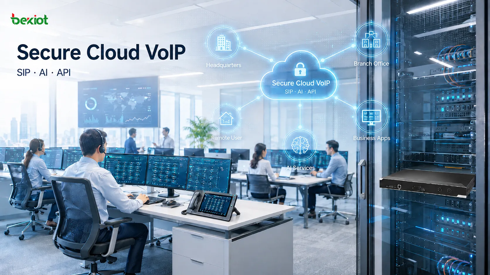 Корпоративная архитектура VoIP-совместной работы, объединяющая многоканальную SIP-связь, рабочие места Soft Turret, ИИ-транскрибацию, бизнес-приложения и защищённые облачные сервисы в одном рабочем процессе