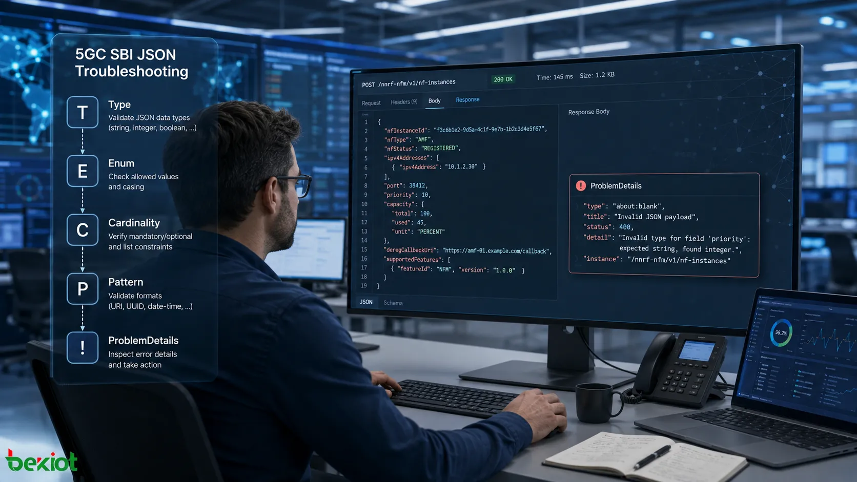 Инженер 5GC диагностирует сообщения SBI JSON, проверяя ресурсы API, типы полей, значения перечислений, Cardinality, ограничения формата и ProblemDetails