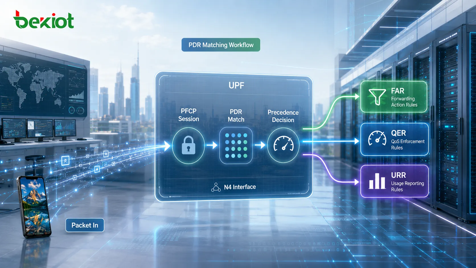 Обработка пакетов UPF на интерфейсе N4 с сопоставлением PDR по Precedence и связанными правилами FAR, QER и URR
