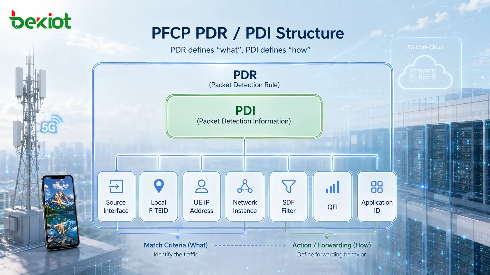 Структура параметров PFCP PDR и PDI с условиями Source Interface, Local F-TEID, UE IP Address и SDF Filter