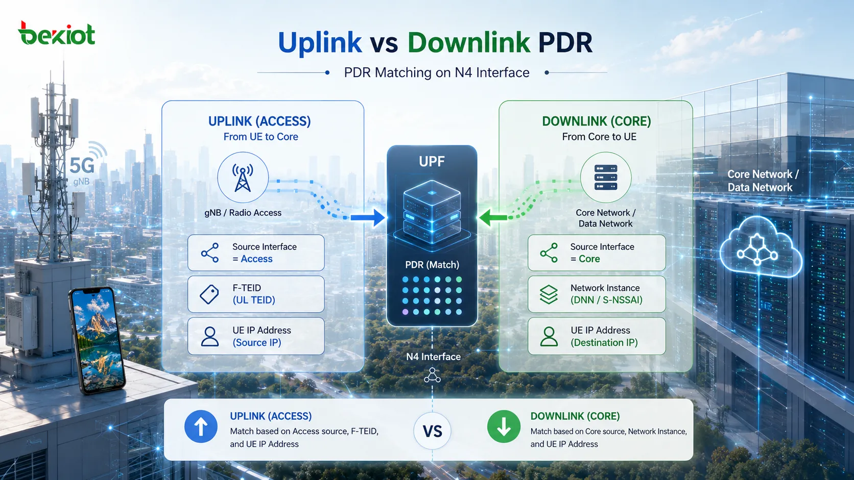 Uplink Access PDR и downlink Core PDR с сопоставлением по F-TEID, Network Instance и UE IP Address на интерфейсе N4