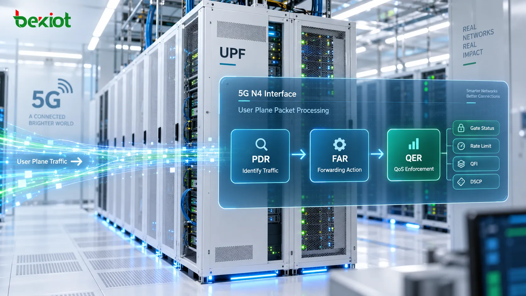 Обработка пакетов на интерфейсе N4: UPF использует PDR для идентификации трафика, FAR для определения пересылки и QER для применения управление пропусканием, ограничений скорости и QoS-политики