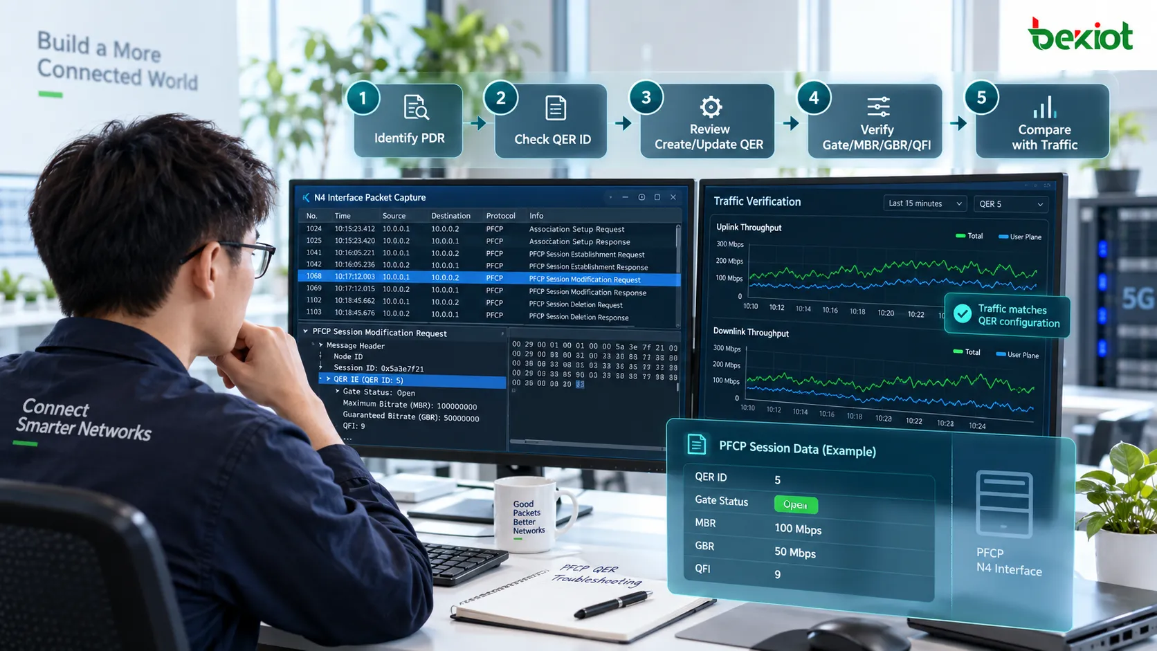 Процесс диагностики PFCP: отслеживание QER ID, указанного PDR, проверка Create/Update QER, Gate Status, MBR, GBR и QFI и сравнение с реальным трафиком пользовательской плоскости