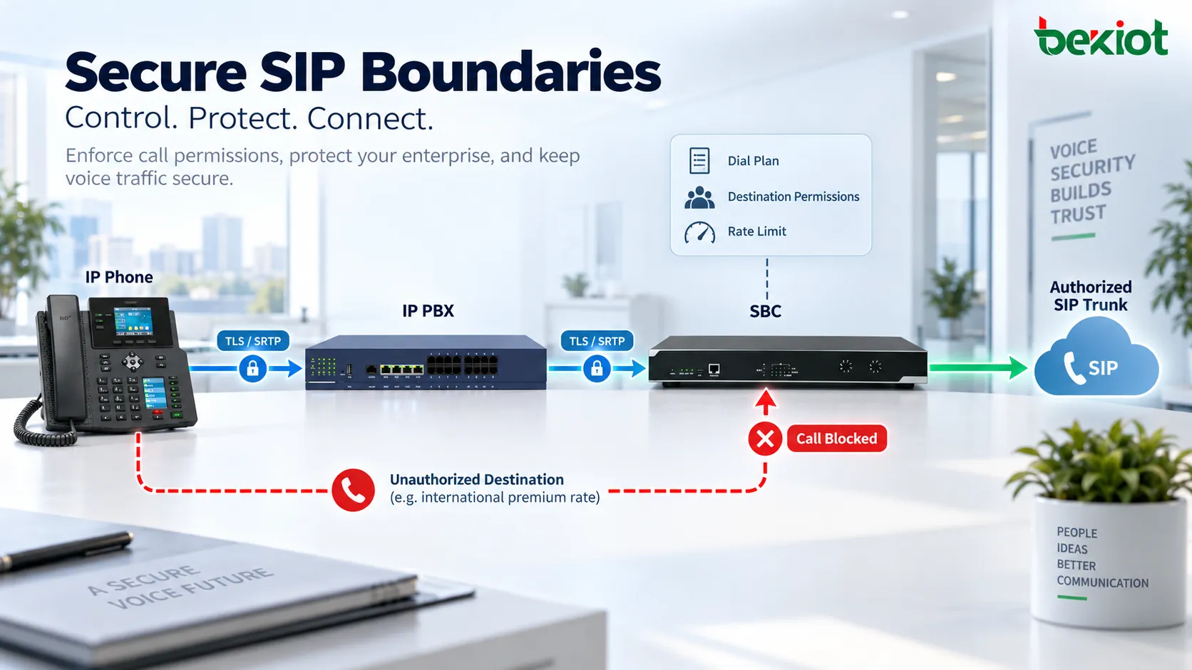 Корпоративная VoIP-защита с использованием SBC, планов набора, разрешений по направлениям, маршрутизации SIP-транков и лимитов вызовов для ограничения внешнего голосового трафика и снижения риска тарифного мошенничества