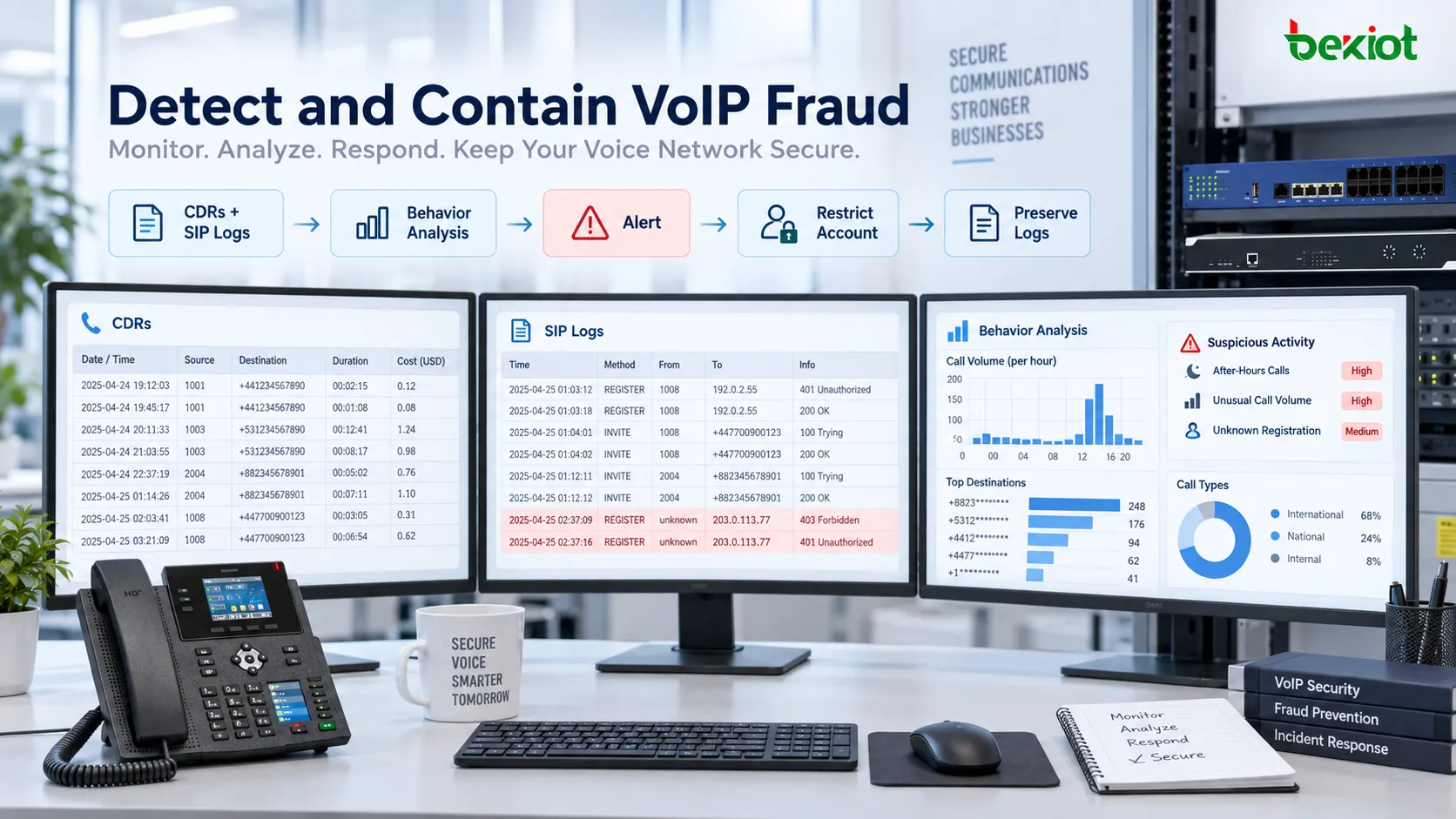 Платформа безопасности VoIP, объединяющая CDR, SIP-журналы, поведенческую аналитику и предупреждения об аномалиях для выявления рискованных вызовов и локализации инцидентов с помощью ограничений учетных записей, криминалистического журналирования и процедур реагирования