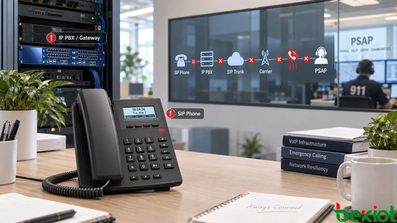 Сквозной маршрут экстренного VoIP-вызова от SIP-телефона через корпоративную сеть, IP-PBX и SIP-транк, далее через оператора и маршрутизацию 911 до PSAP, с отдельными доменами отказа локальной сети, оператора и экстренных служб