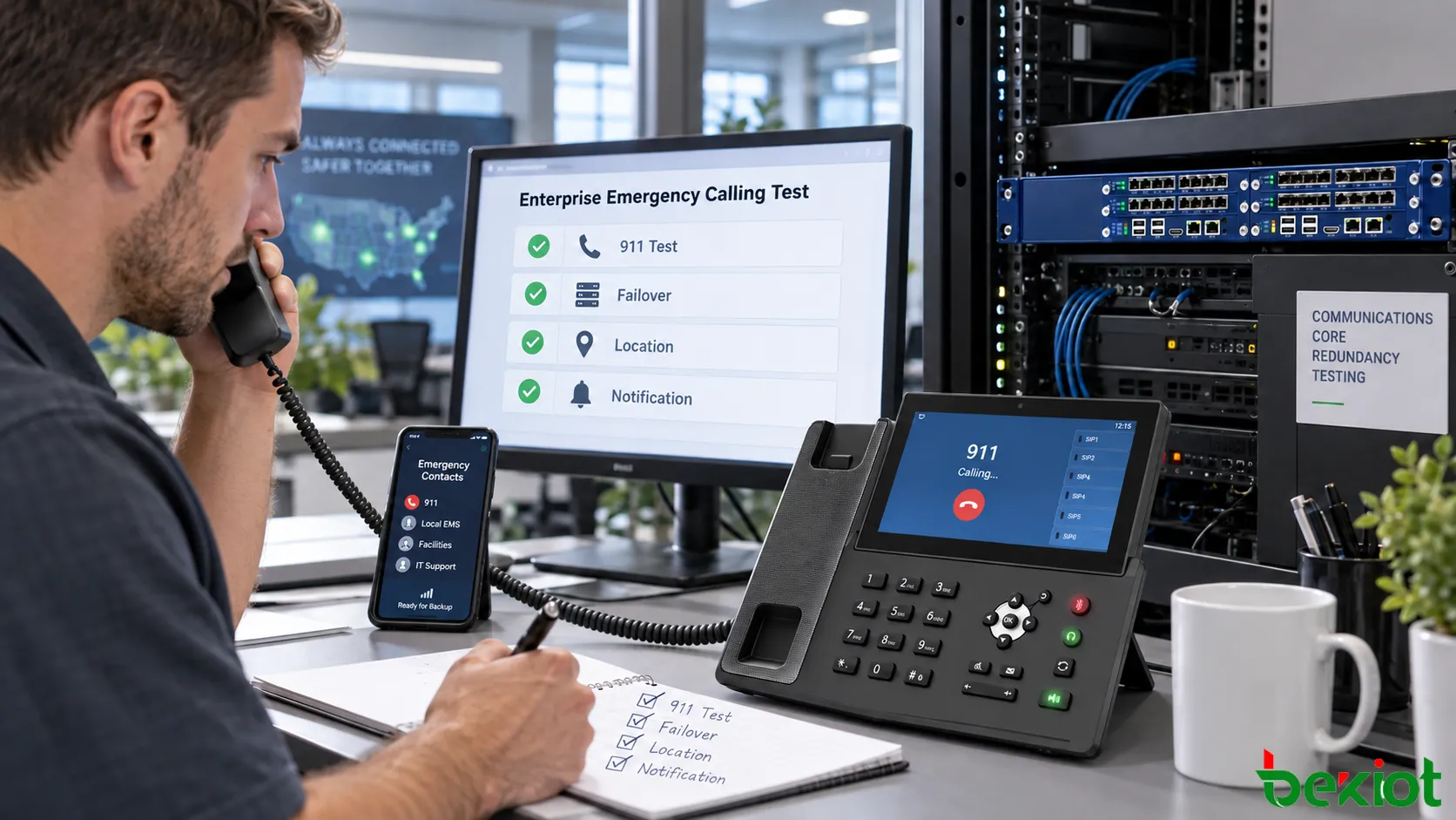 Приемочные испытания корпоративной VoIP-системы экстренных вызовов с проверкой местоположения, маршрутизации 911, альтернативных операторов, резервного WAN, переключения SIP-сервера, альтернативных экстренных номеров и внутреннего уведомления службы безопасности