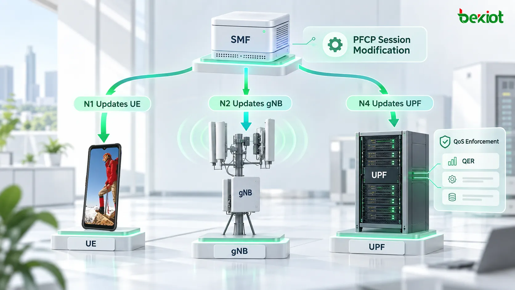 Модификация PDU-сессии 5GC: N1 обновляет параметры QoS в UE, N2 изменяет ресурсы QoS Flow в gNB, а N4 PFCP Session Modification обновляет QER и другие правила применения пользовательской плоскости в UPF