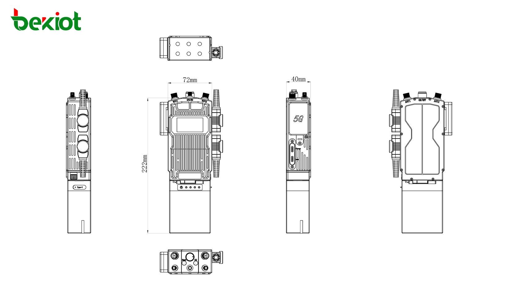 Размеры портативной радиостанции MEB82 SDR MANET: 222 × 72 × 40 mm