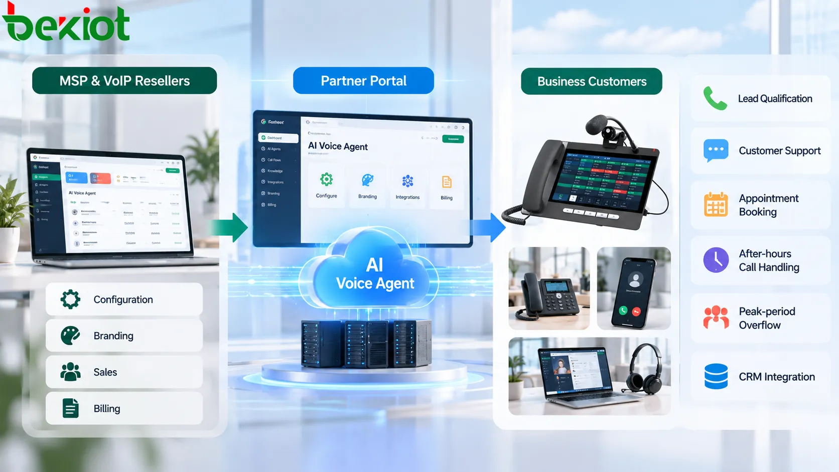AI Agent от Voip Unlimited: MSP и VoIP-реселлеры настраивают, брендируют и тарифицируют услугу через Partner Portal, затем предоставляют её корпоративным клиентам как голосовой ИИ-сервис