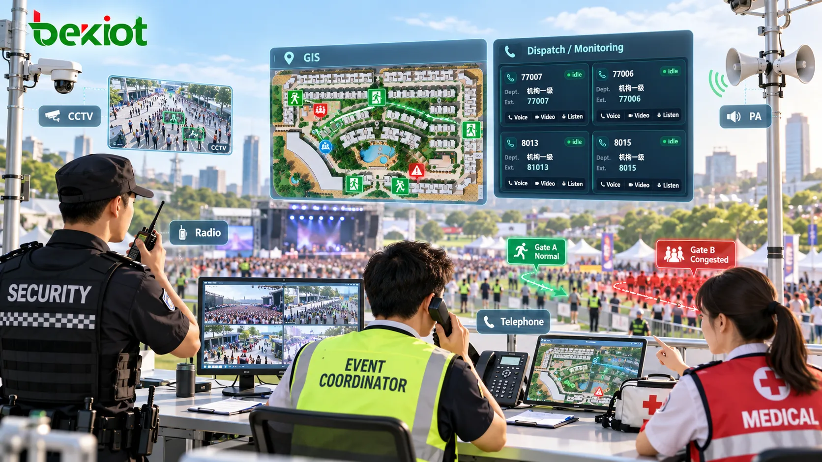 Командный центр массового мероприятия использует CCTV, GIS-карты, радиосвязь, телефонную связь и громкоговорящее оповещение для наблюдения за плотностью людей, выходами и оперативного направления охраны, медиков и полевого персонала